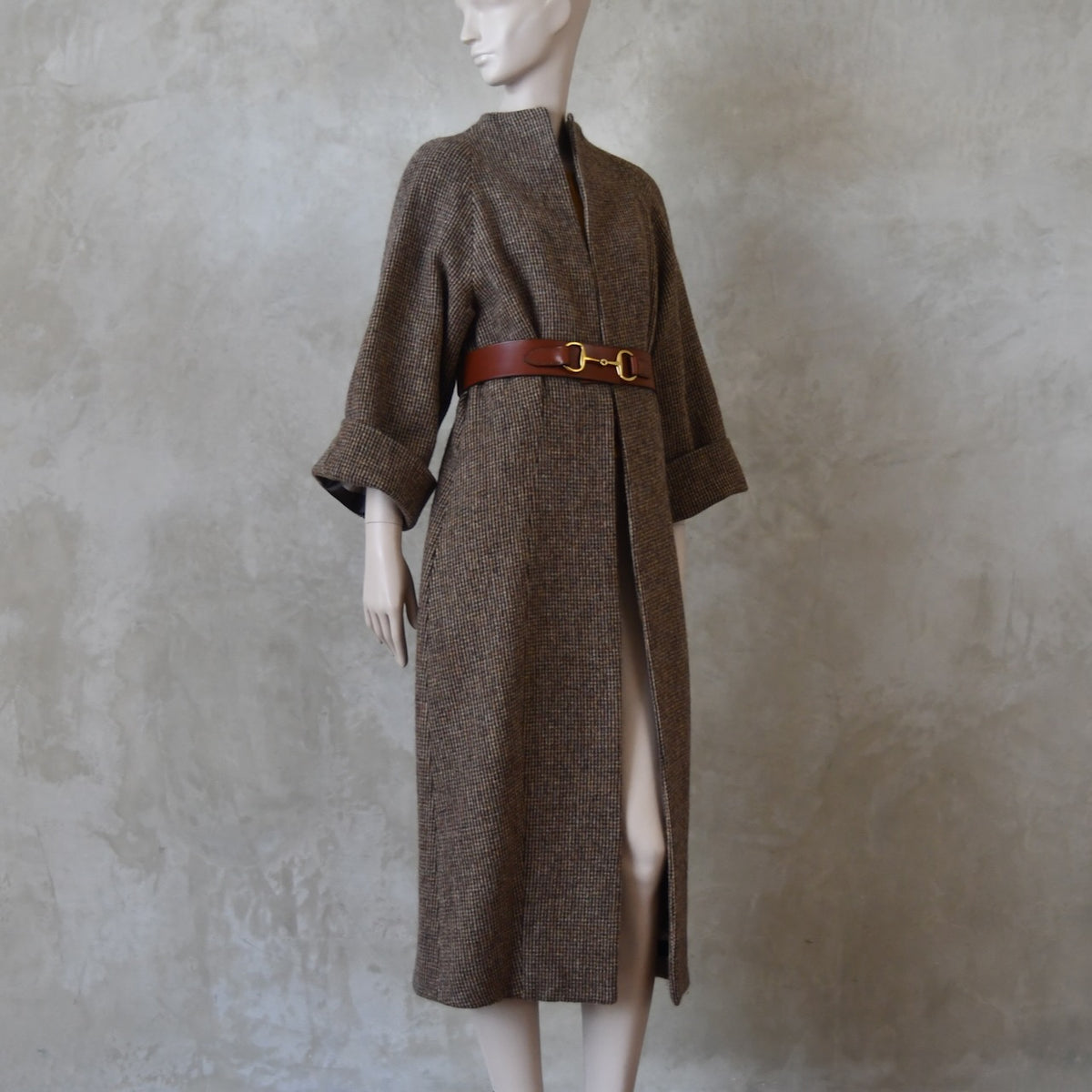 The Long Cocoon Coat in Small Brown Check Lovat Tweed