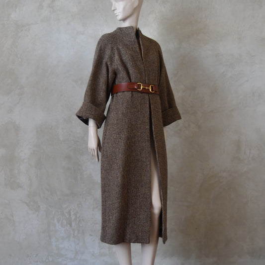 The Long Cocoon Coat in Small Brown Check Lovat Tweed