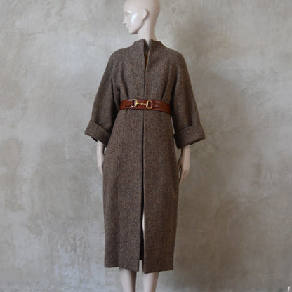 The Long Cocoon Coat in Small Brown Check Lovat Tweed