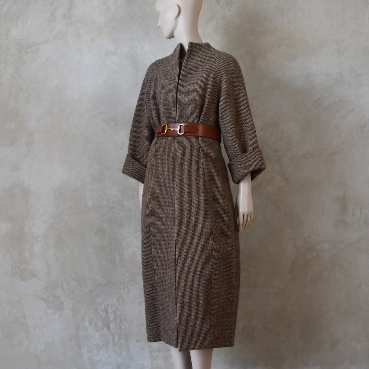 The Long Cocoon Coat in Small Brown Check Lovat Tweed