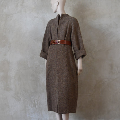 The Long Cocoon Coat in Small Brown Check Lovat Tweed