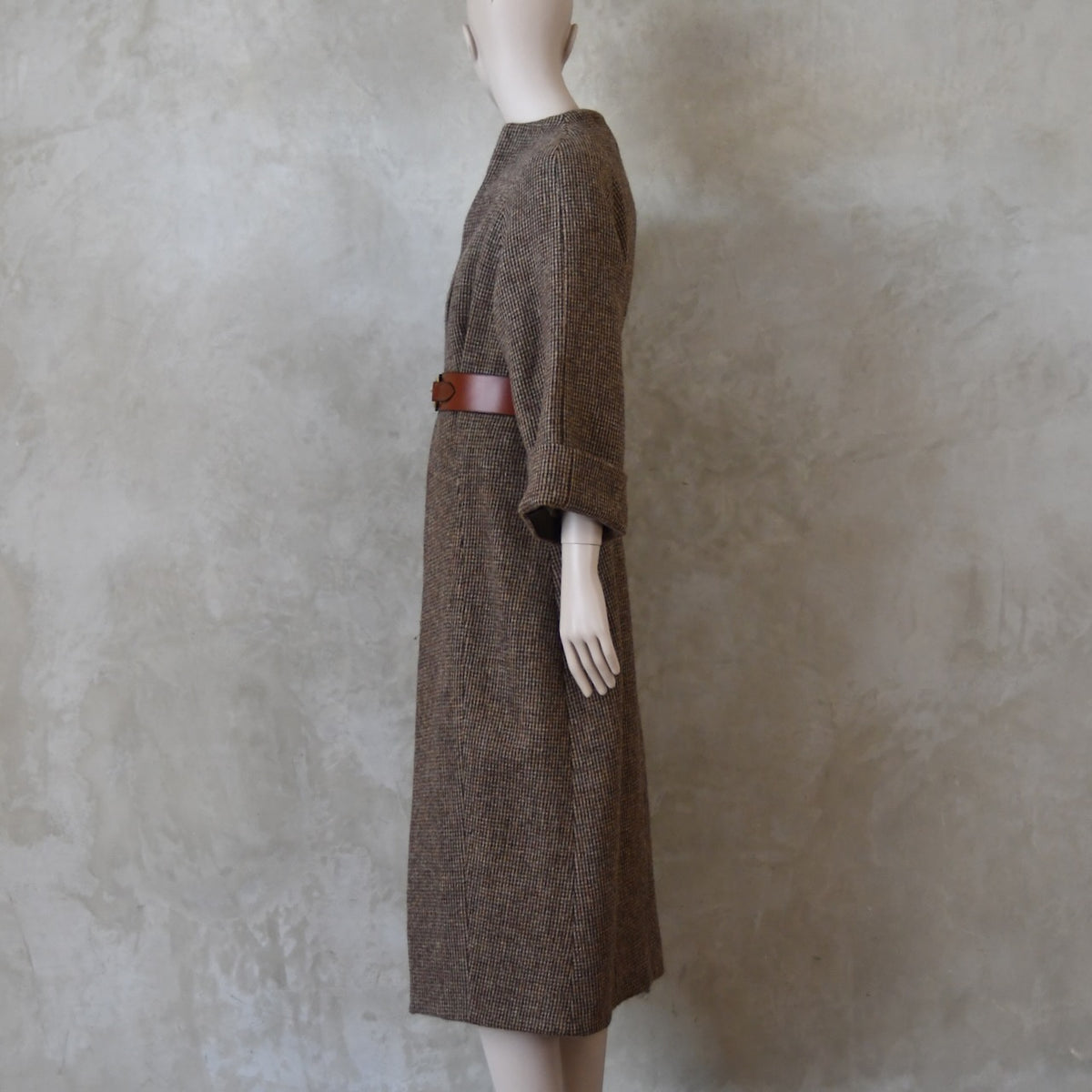 The Long Cocoon Coat in Small Brown Check Lovat Tweed