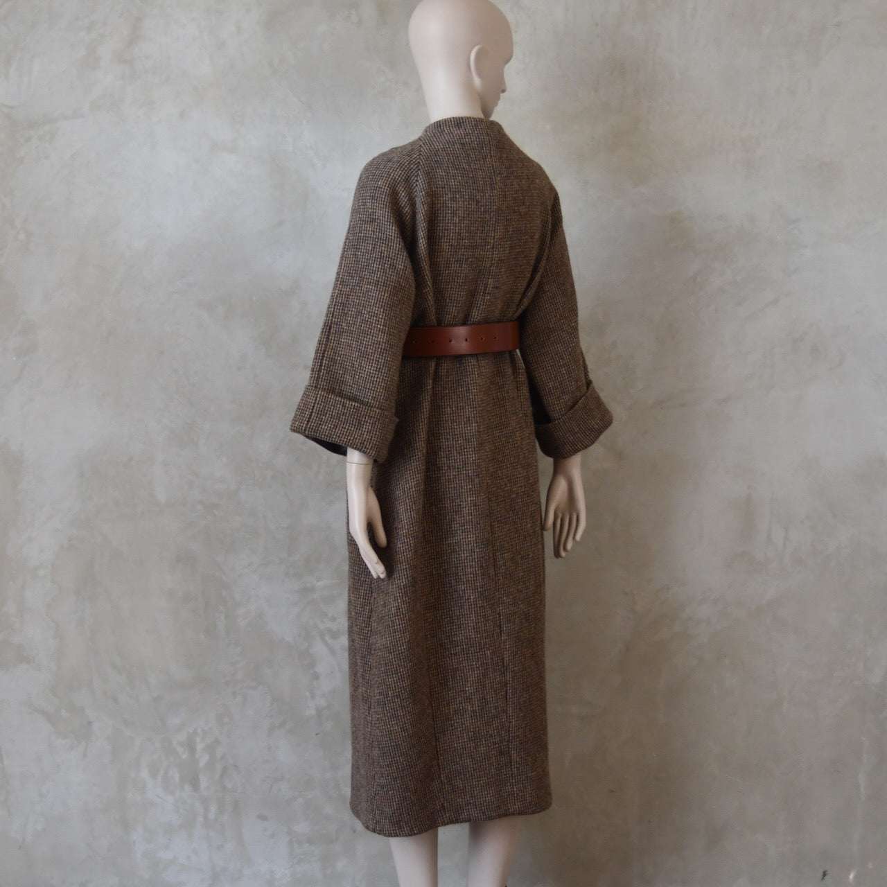 The Long Cocoon Coat in Small Brown Check Lovat Tweed