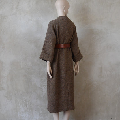 The Long Cocoon Coat in Small Brown Check Lovat Tweed