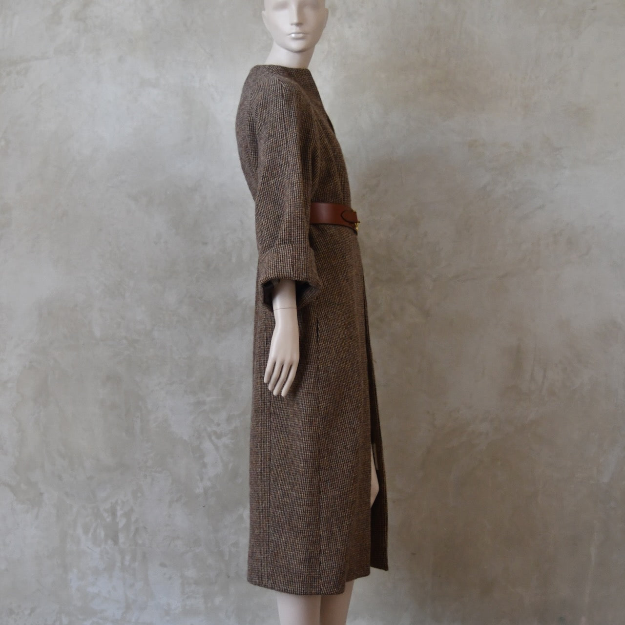 The Long Cocoon Coat in Small Brown Check Lovat Tweed