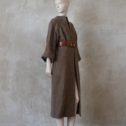 The Long Cocoon Coat in Small Brown Check Lovat Tweed