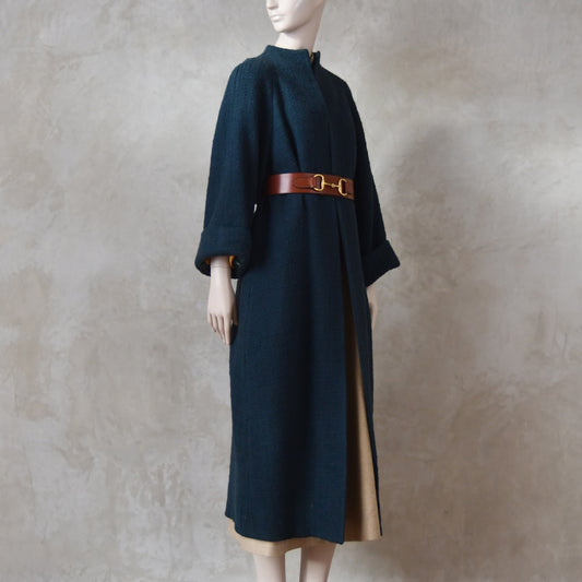 The Long Cocoon Coat in Bottle Green Wool Boucle
