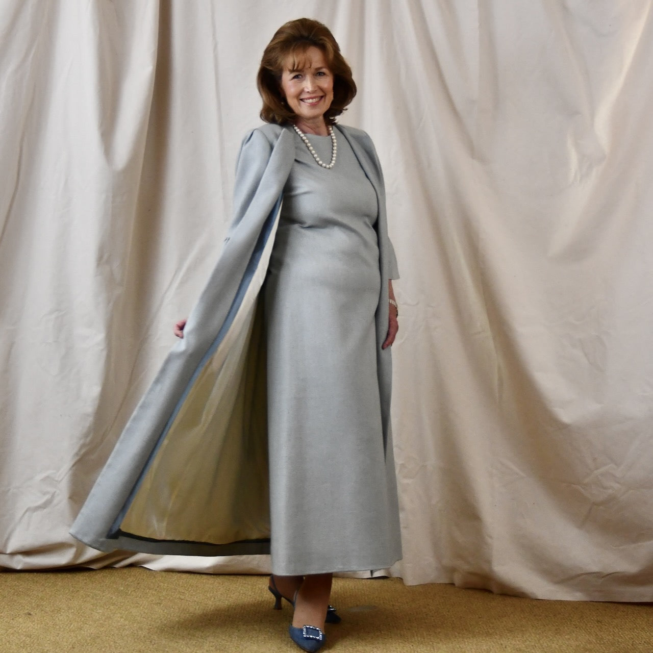 Bespoke Bell Sleeve A Line Occasion Coat in Pale Blue Silk Matka. Fully lined in Silk. Handmade in Britain. Long Side View.
