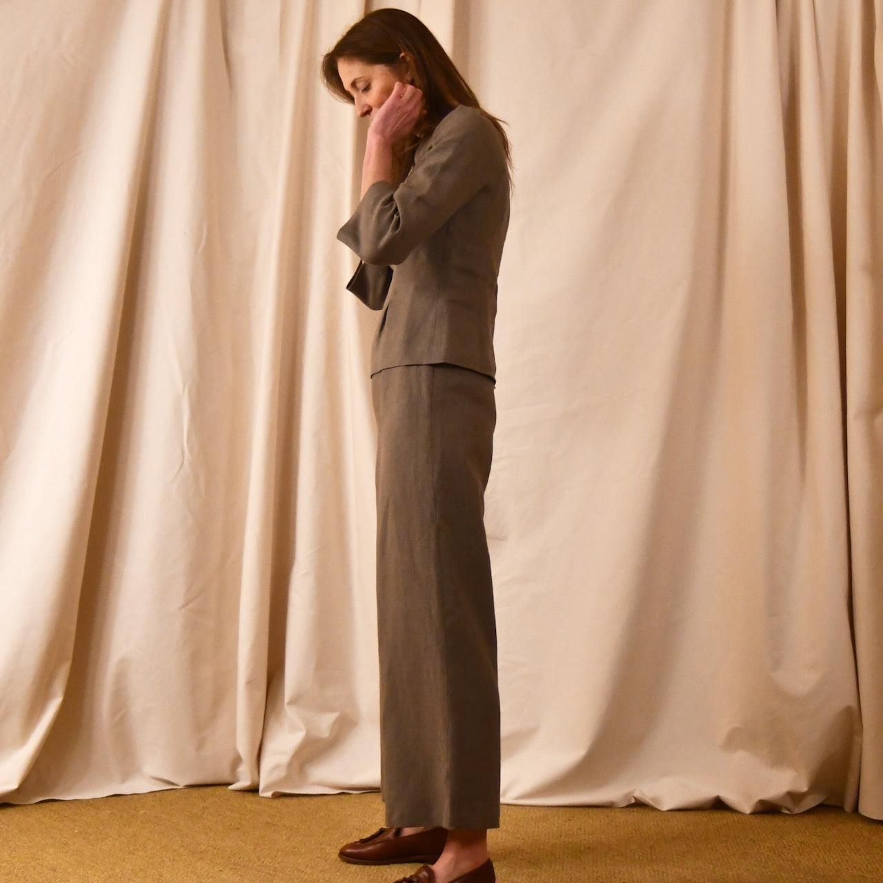 Bespoke Tailored Irish Linen separates featuring a Tailored Boat Neck Blouse in brown linen with matching pants. Handmade in Britain. 