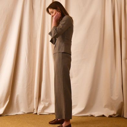 Bespoke Tailored Irish Linen separates featuring a Tailored Boat Neck Blouse in brown linen with matching pants. Handmade in Britain. 