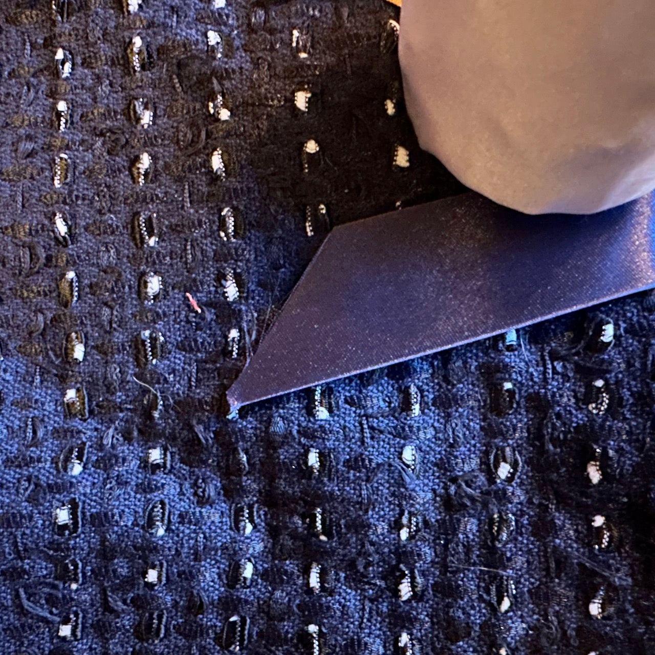 A Tailored Boat Neck Blouse in Navy, Black and White Cotton Boucle. Handmade in Britain.