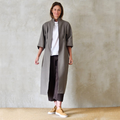 Longer Length Cocoon Coat in Irish Linen. A Superb Relaxed and Modern Spring Summer Coat in Fossil-coloured Slubby Linen. Handmade in Britain. Open View.