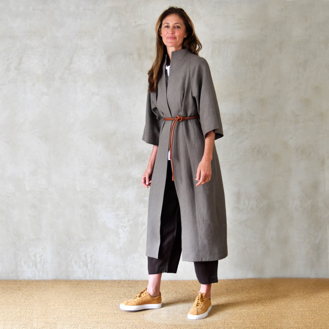 Longer Length Cocoon Coat in Irish Linen. A Superb Relaxed and Modern Spring Summer Coat in Fossil-coloured Slubby Linen. Handmade in Britain.
