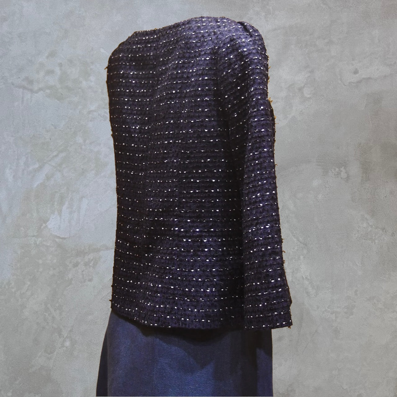 A Tailored Boat Neck Blouse in Navy, Black and White Cotton Boucle from Linton Tweeds. Handmade in Britain.