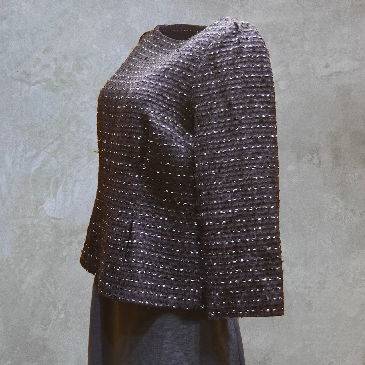 A Tailored Boat Neck Blouse in Navy Cotton Boucle. Linton Tweeds Fabric. Handmade in Britain. 