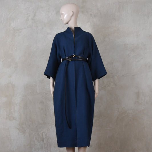 The Long Cocoon Coat in Navy Midweight Linen