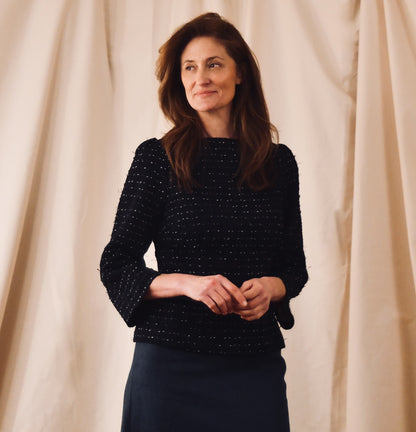 A Tailored Boat Neck Blouse in navy, black and white cotton boucle from Linton Tweeds. Handmade in Britain.