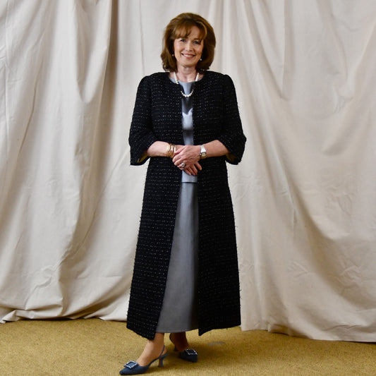 Bespoke Boucle Bell Sleeve A-Line Coat. A Spring-Summer Weight coat in a White and Blue Boucle from Linton Tweeds. Handmade in Britain.