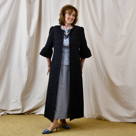 Bespoke Boucle Bell Sleeve A-Line Coat. A Spring-Summer Weight coat in a White and Blue Boucle from Linton Tweeds. Handmade in Britain.