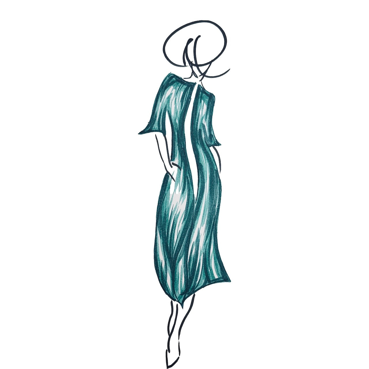 Original Sketch of EdNerat Bell Sleeve A-Line Coat in Emerald Silk Matka by Otta Owen. 
Drawn in Wales.
Handmade in London.