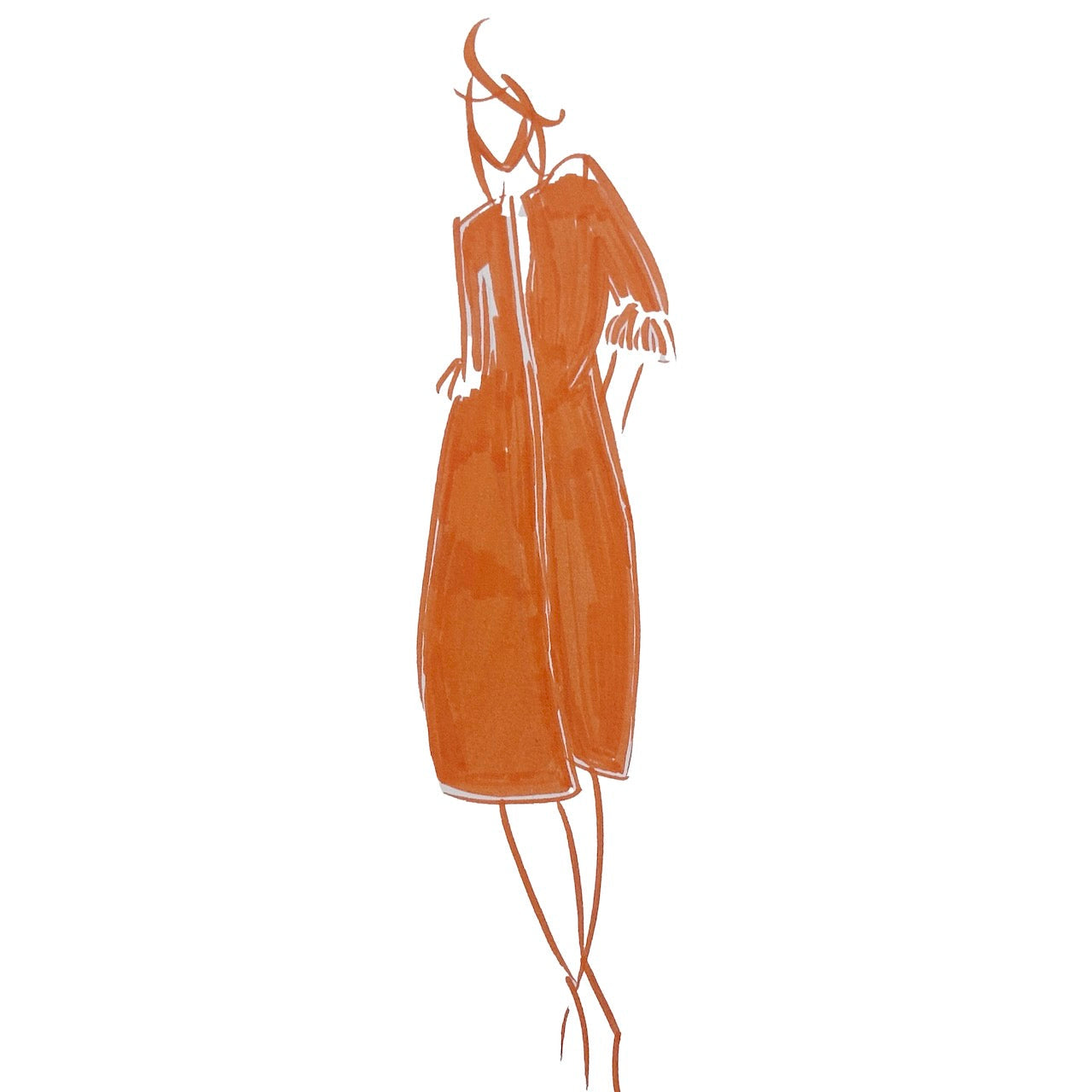 Original Sketch of EdNerat Bell Sleeve A-Line Coat in Burnt Orange Wool Bouclé by Otta Owen. 
Drawn in Wales.
Handmade in London.