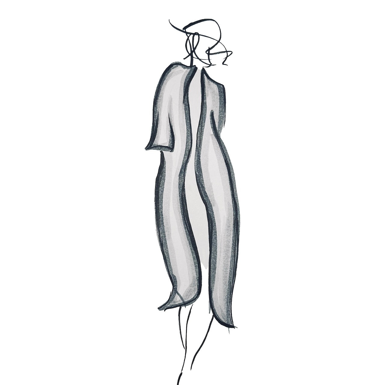 Original Sketch of EdNerat Long Cocoon Coat in Fossil Irish Linen by Otta Owen. 
Drawn in Wales.
Handmade in London.