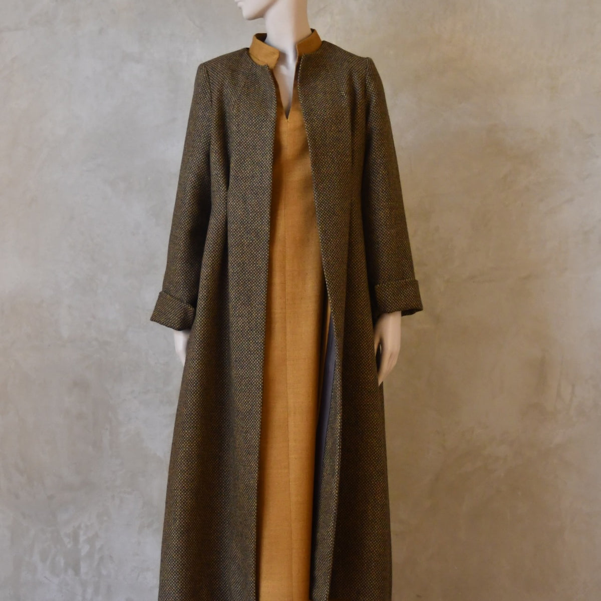 The Skirted Hourglass Coat in Orange-Green Tweed