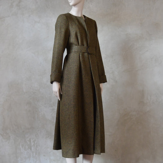 8 – The Skirted Hourglass Coat in Orange-Green Patterned Tweed