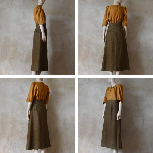 The Waisted A-Line Skirt in Orange GreenTiger Eye Tweed