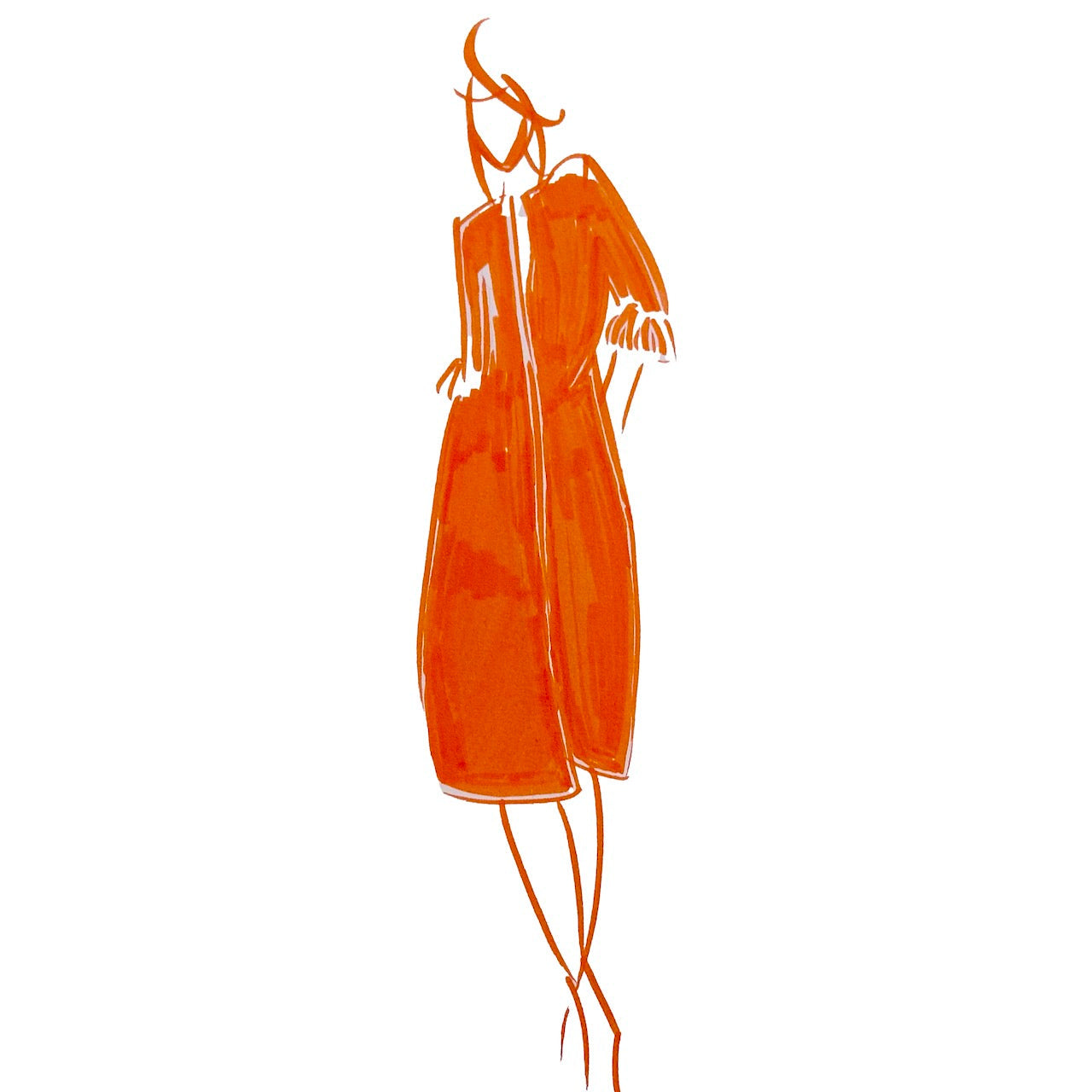 Skettch of model wearing Ednerat Bell Sleeve A Line Coat in Orange. Drawn in Wales, Handmade in London.