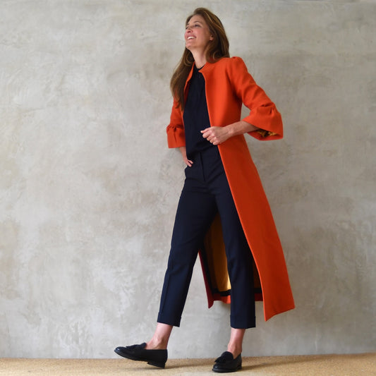 Bell Sleeve A-Line Coat in Orange Wool Crepe