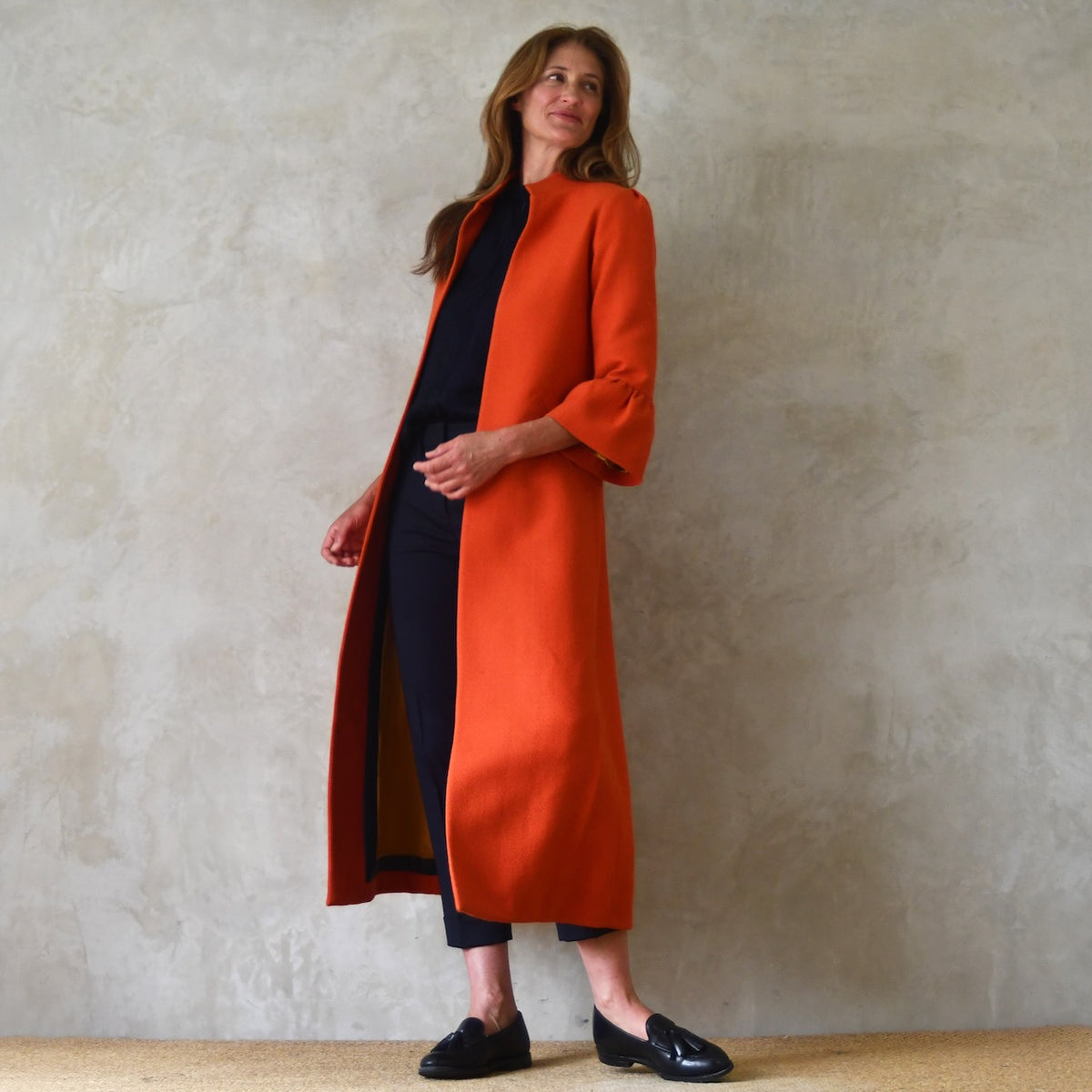 Bell Sleeve A-Line Coat in Orange Wool Crepe
