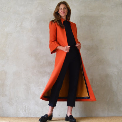 Bell Sleeve A-Line Coat in Orange Wool Crepe
