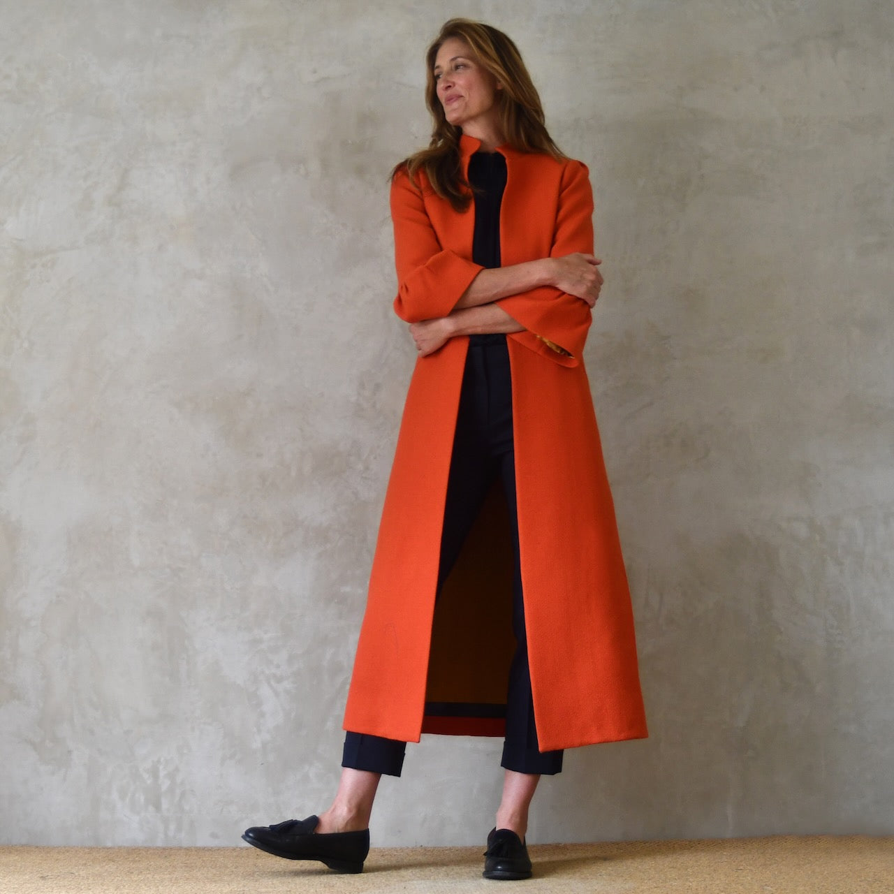 Bell Sleeve A-Line Coat in Orange Wool Crepe