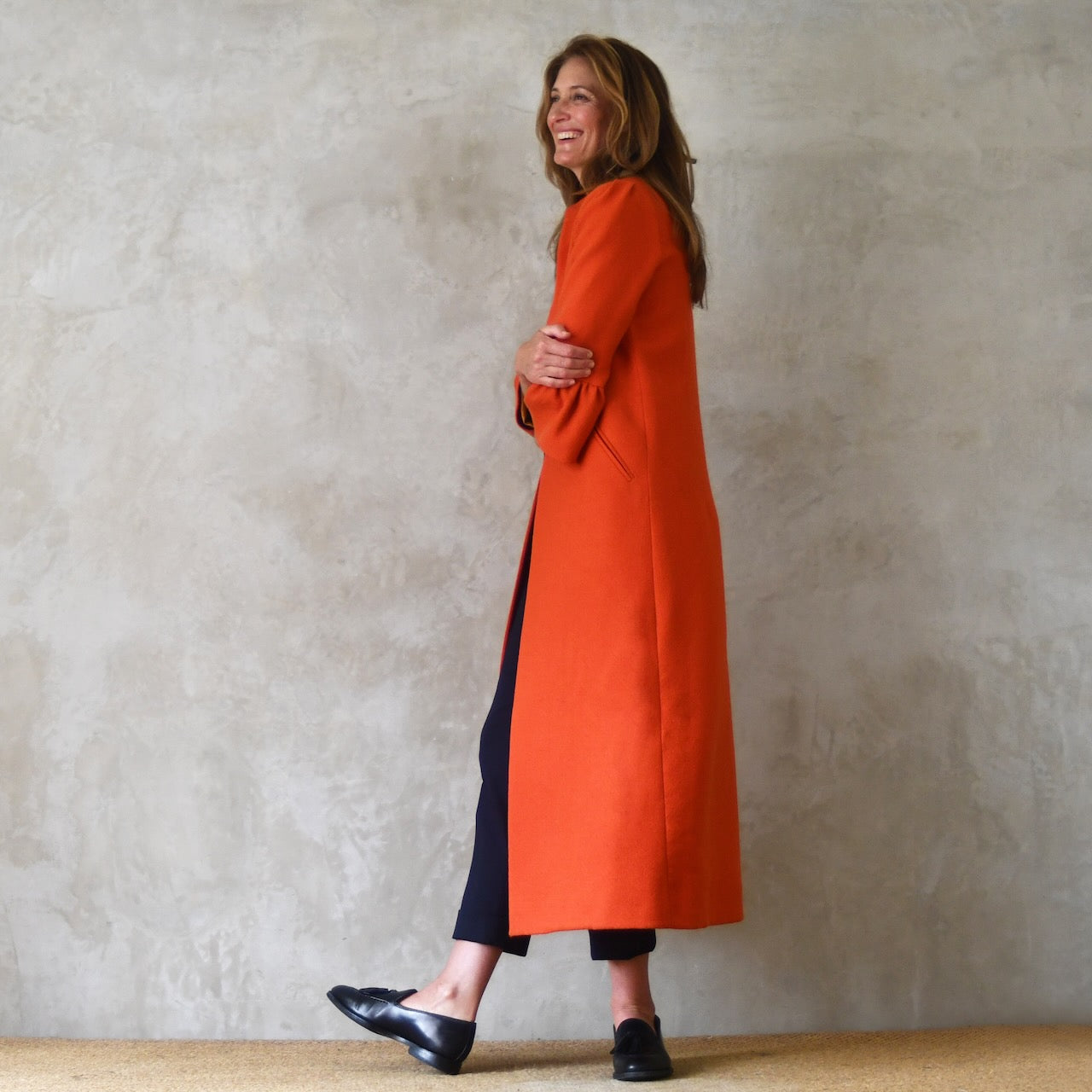 Bell Sleeve A-Line Coat in Orange Wool Crepe