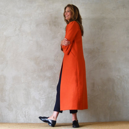 Bell Sleeve A-Line Coat in Orange Wool Crepe