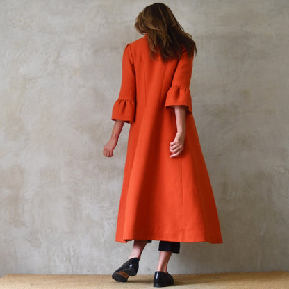Bell Sleeve A-Line Coat in Orange Wool Crepe