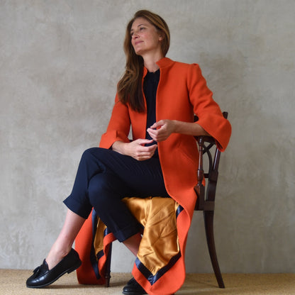 Bell Sleeve A-Line Coat in Orange Wool Crepe
