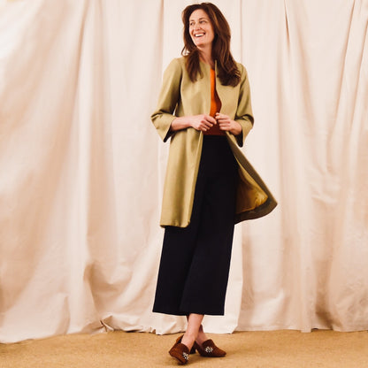 Pea Green Silk Car Coat - Over Trousers