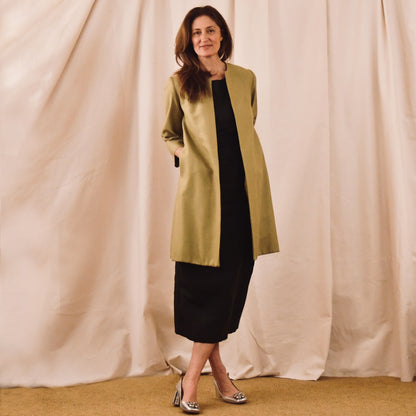 Pea Green Silk Car Coat - Front View