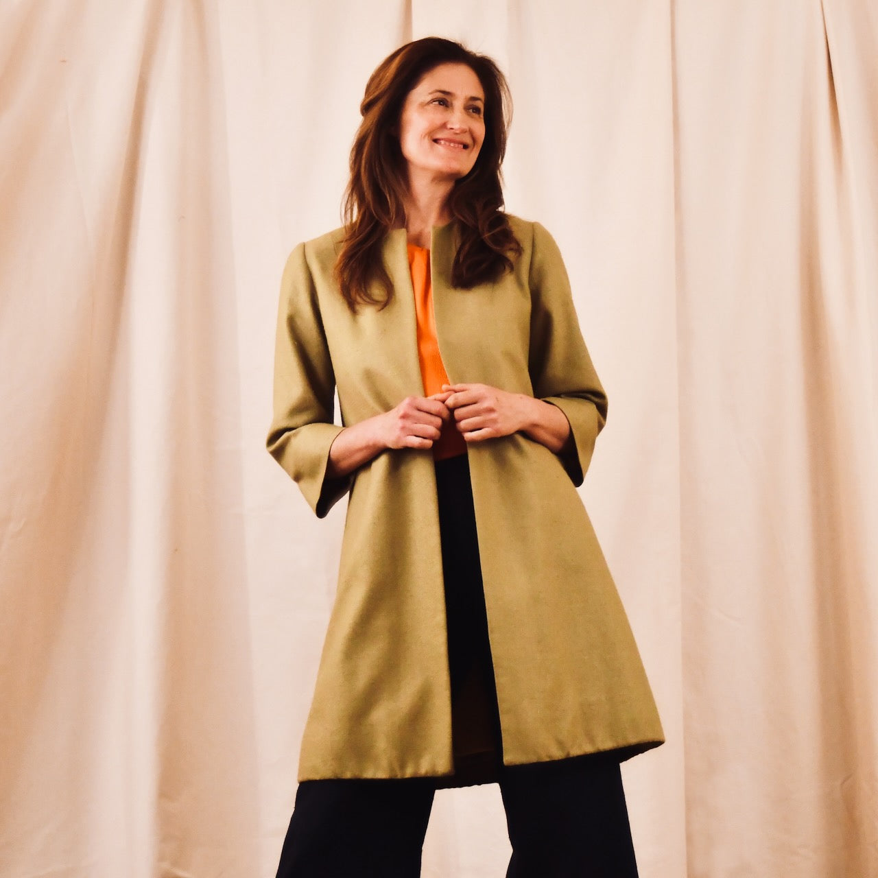 Pea Green Silk Car Coat - with Orange