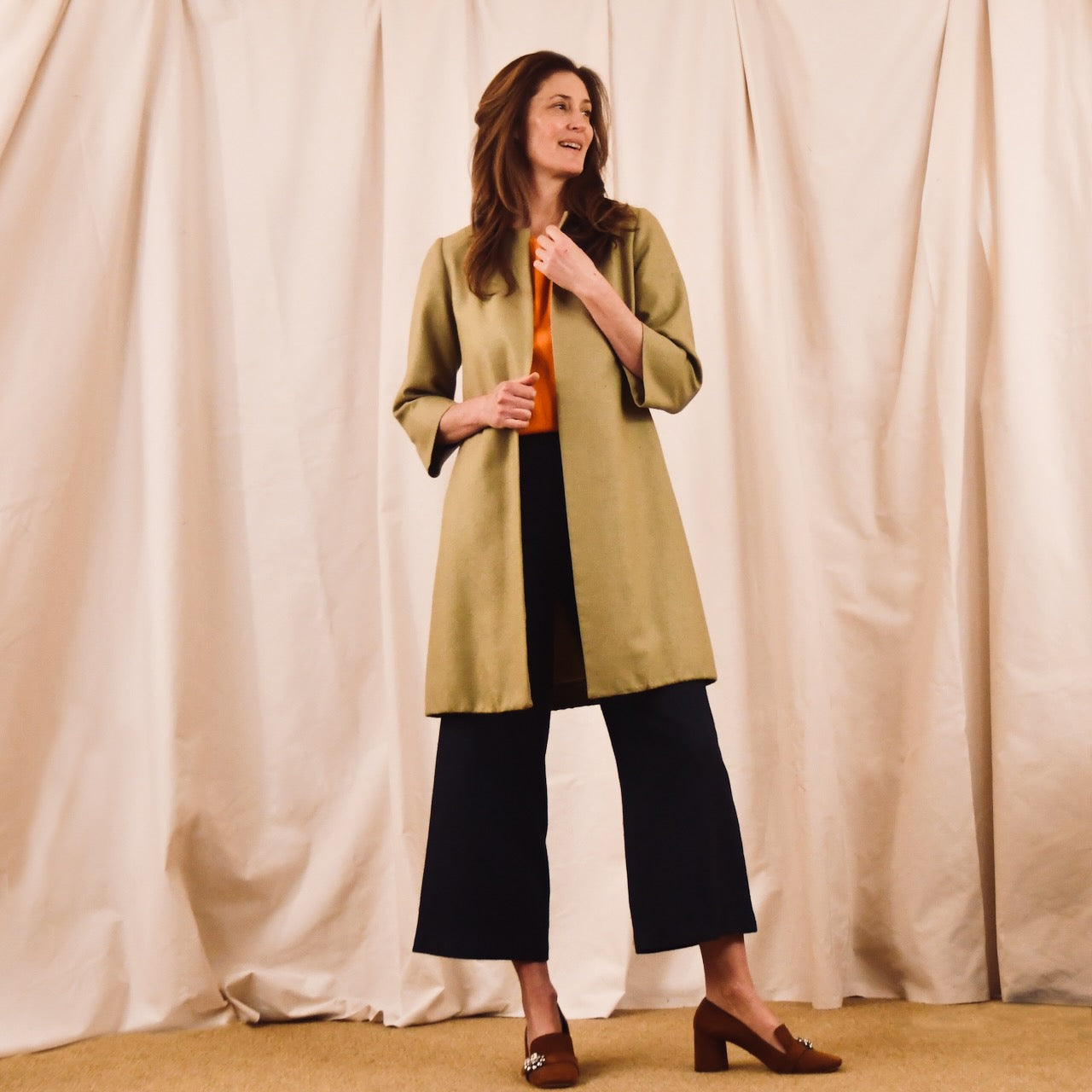 Bespoke Trapeze Coat in Silk Matka. This is a Summer Weight Silk Car Coat style shorter length coat which is available to order in a host of colours. Handmade in Great Britain. Open view.