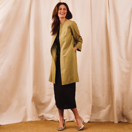Pea Green Silk Car Coat - Pocket View