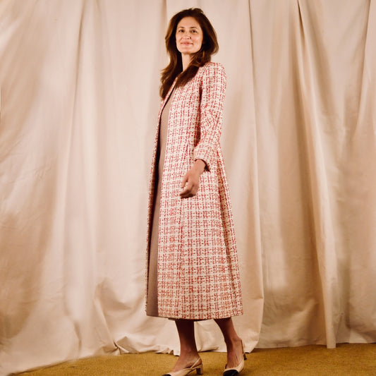 Fitted Hourglass Coat in Pink Linton Tweeds Boucle. A Summer Bouclé Coat perfect for Royal Ascot and Summer Occasions. An investment piece handmade in Britain. Side View.