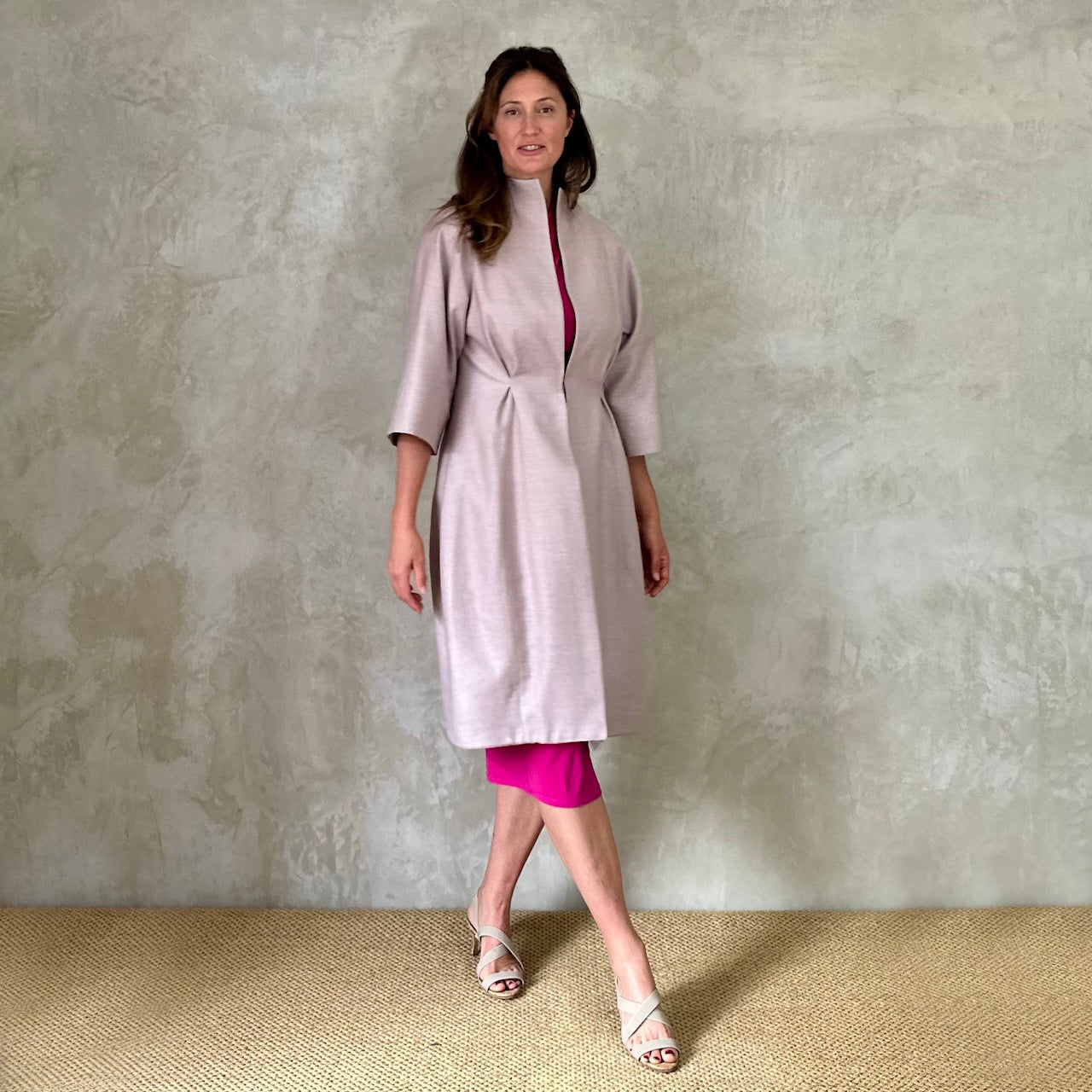 A Summer Weight Silk Matka Cocoon Coat in light pink. Handmade in Britain.