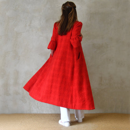 Red Boucle Bell Sleeve A-Line Coat