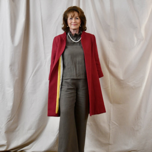 Linen Crimson Trapeze Coat, with a wide swing and side pockets.  Irish Heavy Weight Linen in Deep red. Handmade in Britain.