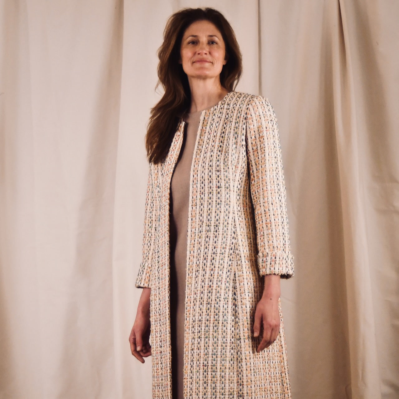 Fitted Hourglass Coat in Pale Linton Tweeds Boucle. A Fitted Sprint-Summer Bouclé Coat  - the perfect investment piece for Royal Ascot and Summer Occasions. Handmade in Britain. Close Up