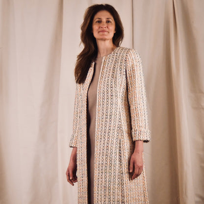 Fitted Hourglass Coat in Pale Linton Tweeds Boucle. A Fitted Sprint-Summer Bouclé Coat  - the perfect investment piece for Royal Ascot and Summer Occasions. Handmade in Britain. Close Up