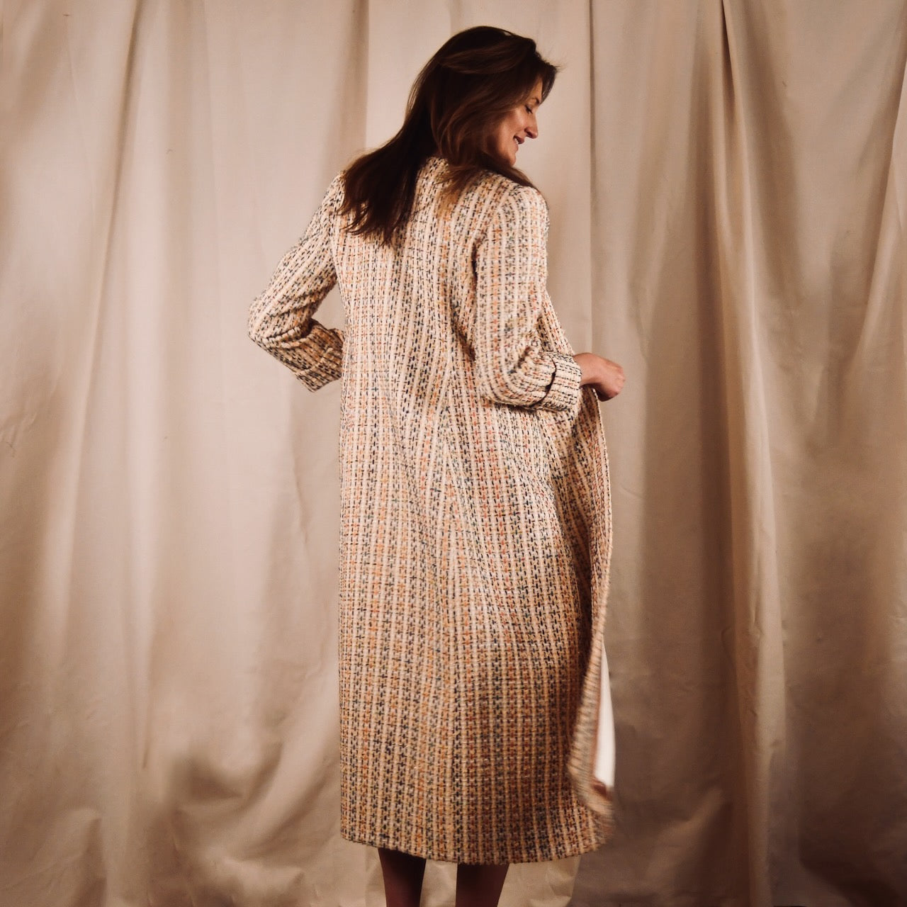 Fitted Hourglass Coat in Pale Linton Tweeds Boucle. A Fitted Sprint-Summer Bouclé Coat  - the perfect investment piece for Royal Ascot and Summer Occasions. Handmade in Britain. Back View